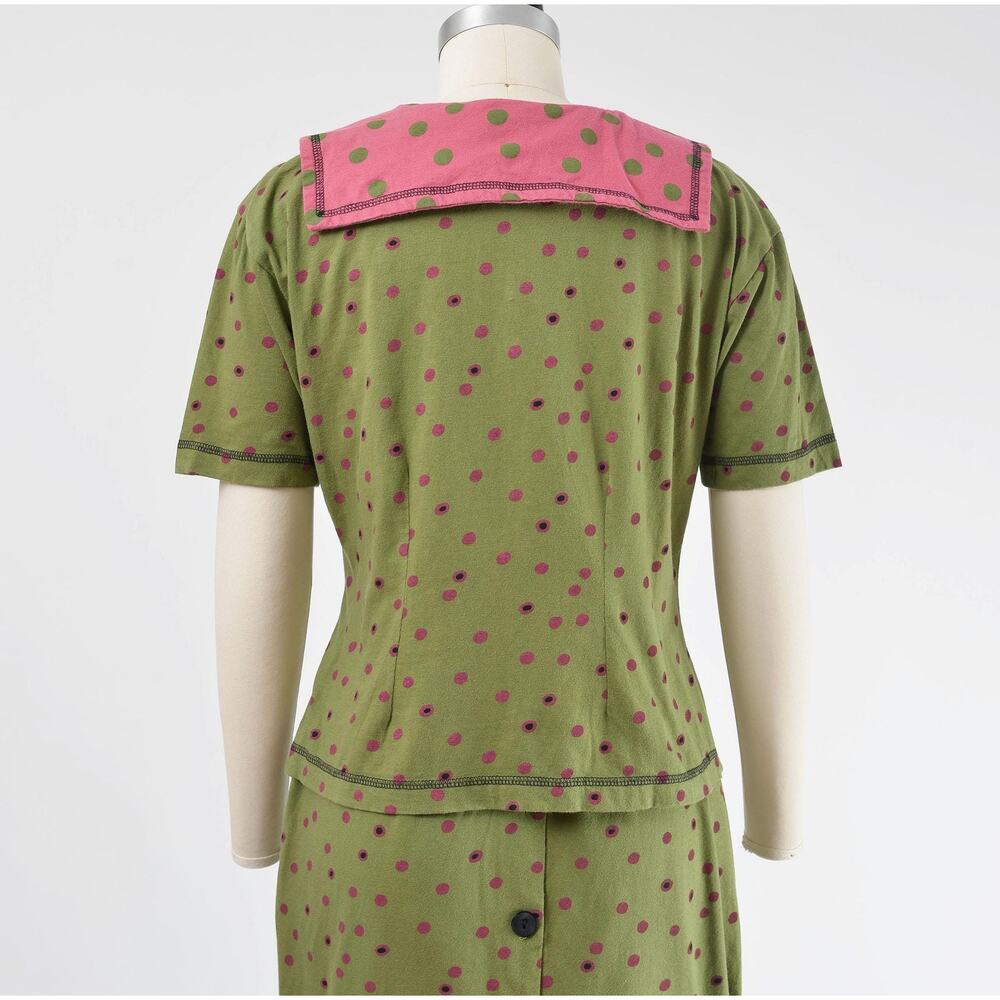 Vintage 90s Polka Mini Dot Skirt and Blouse Set Cotton Sailor Collar Top XS S - Picture 7 of 9